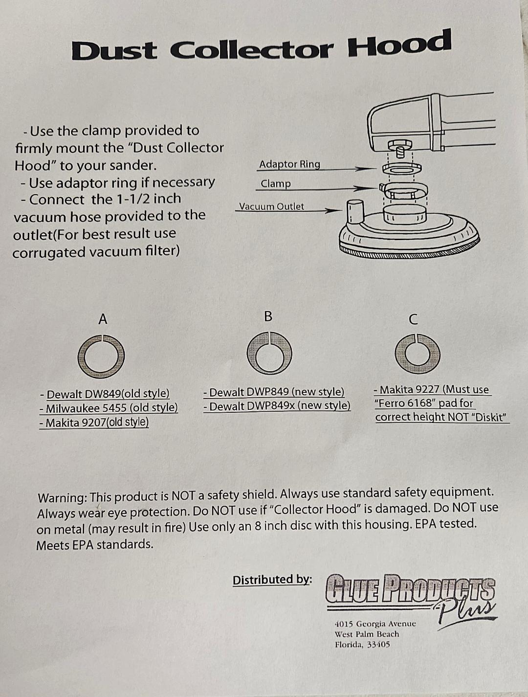 Official KS100 instruction sheet from Glue Products Plus showing how to mount the dust collector hood, the three adaptor rings A B and C, and the list of compatible 7 inch sanders and grinders including DeWalt DW849, DWP849, DWP849x, Milwaukee 5455, Makita 9207 and 9227